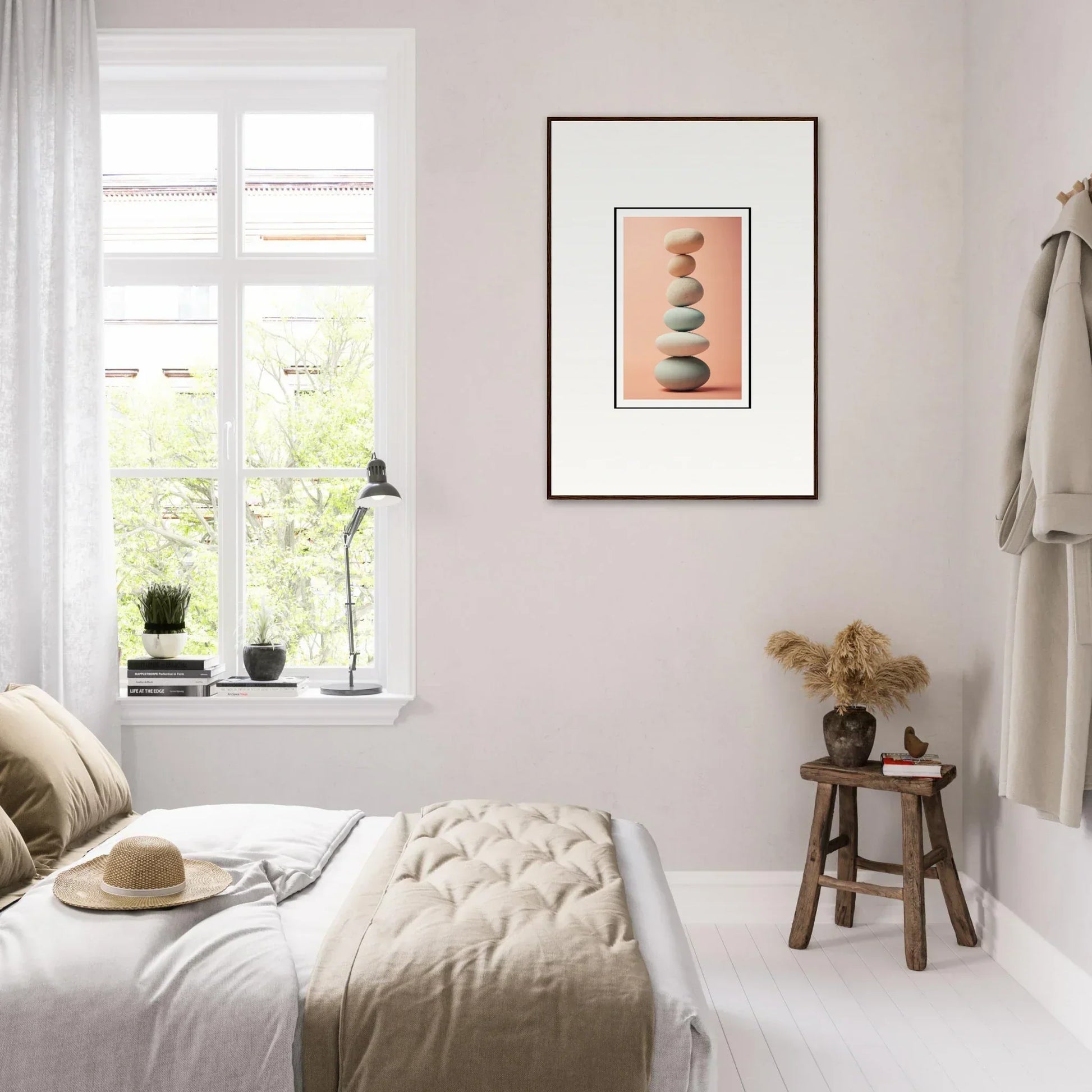 Cozy bedroom with neutral decor featuring a canvas print of rock contemplation