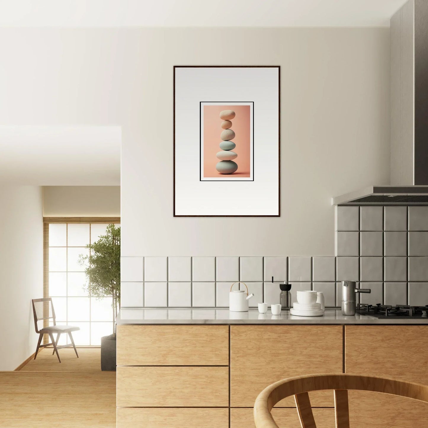 Framed canvas print of minimalist stacked stones for Zen rock contemplation room decoration