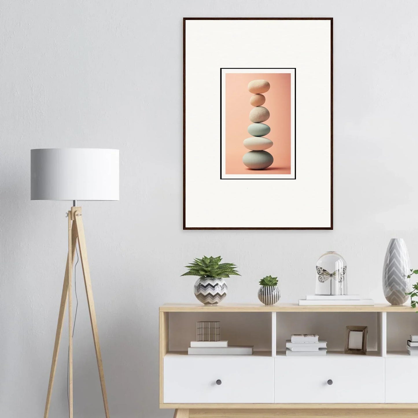 Framed canvas print of balanced stones for peaceful room decoration and rock contemplation