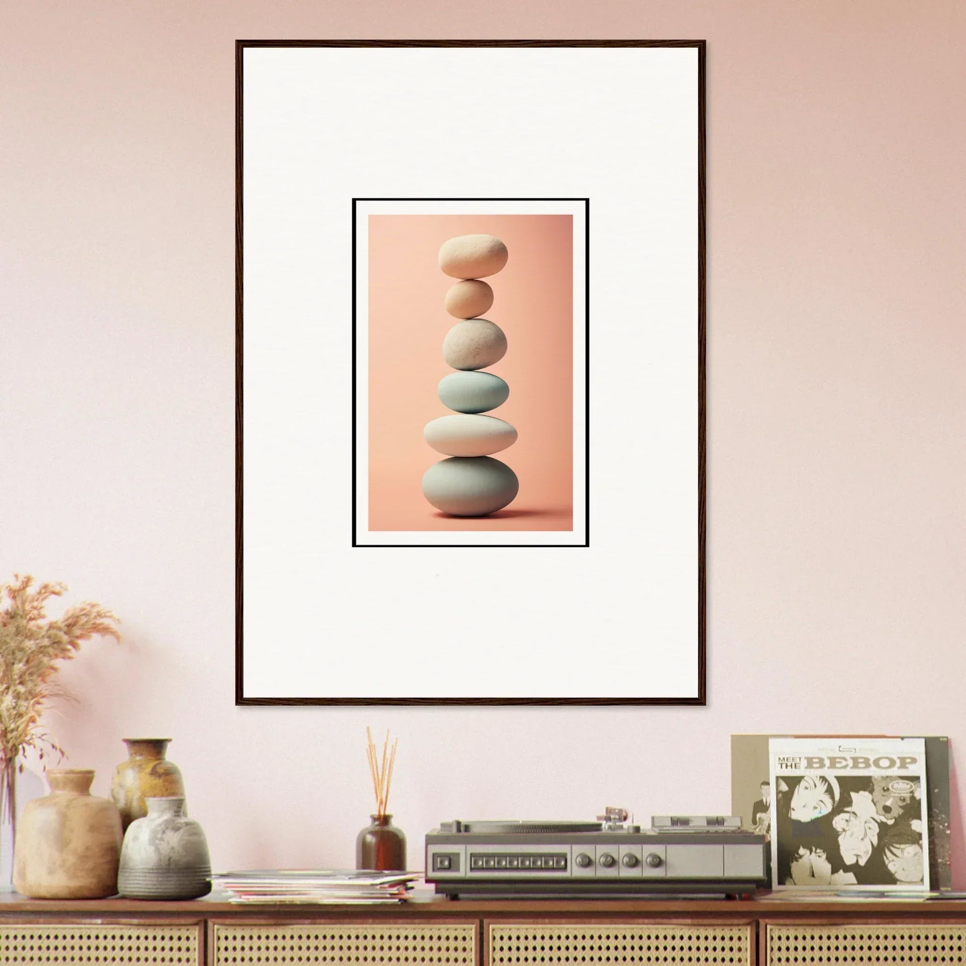 Framed canvas print of pastel-colored stones for rock contemplation room decoration