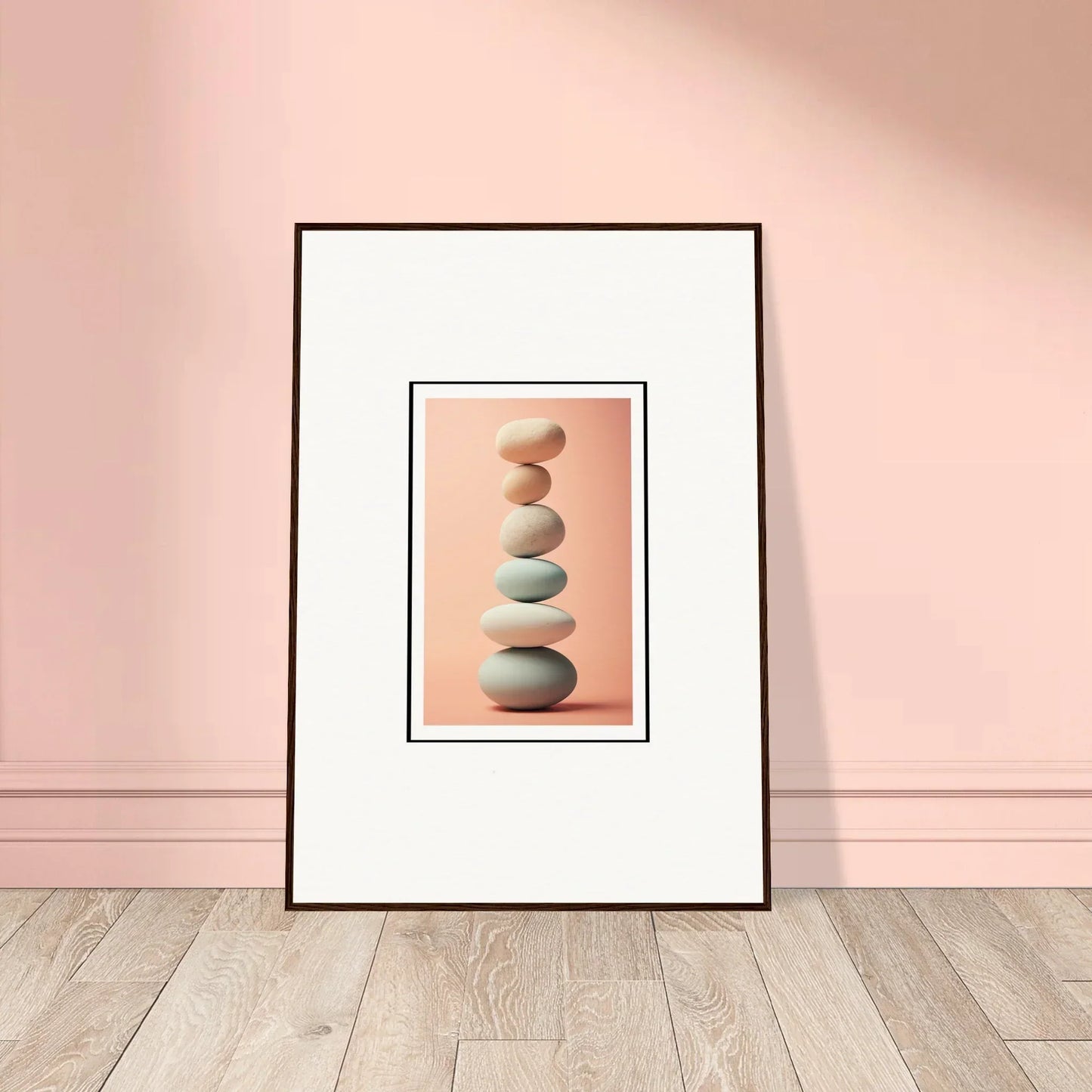 Framed photograph of balanced stones for zen rock contemplation room decoration