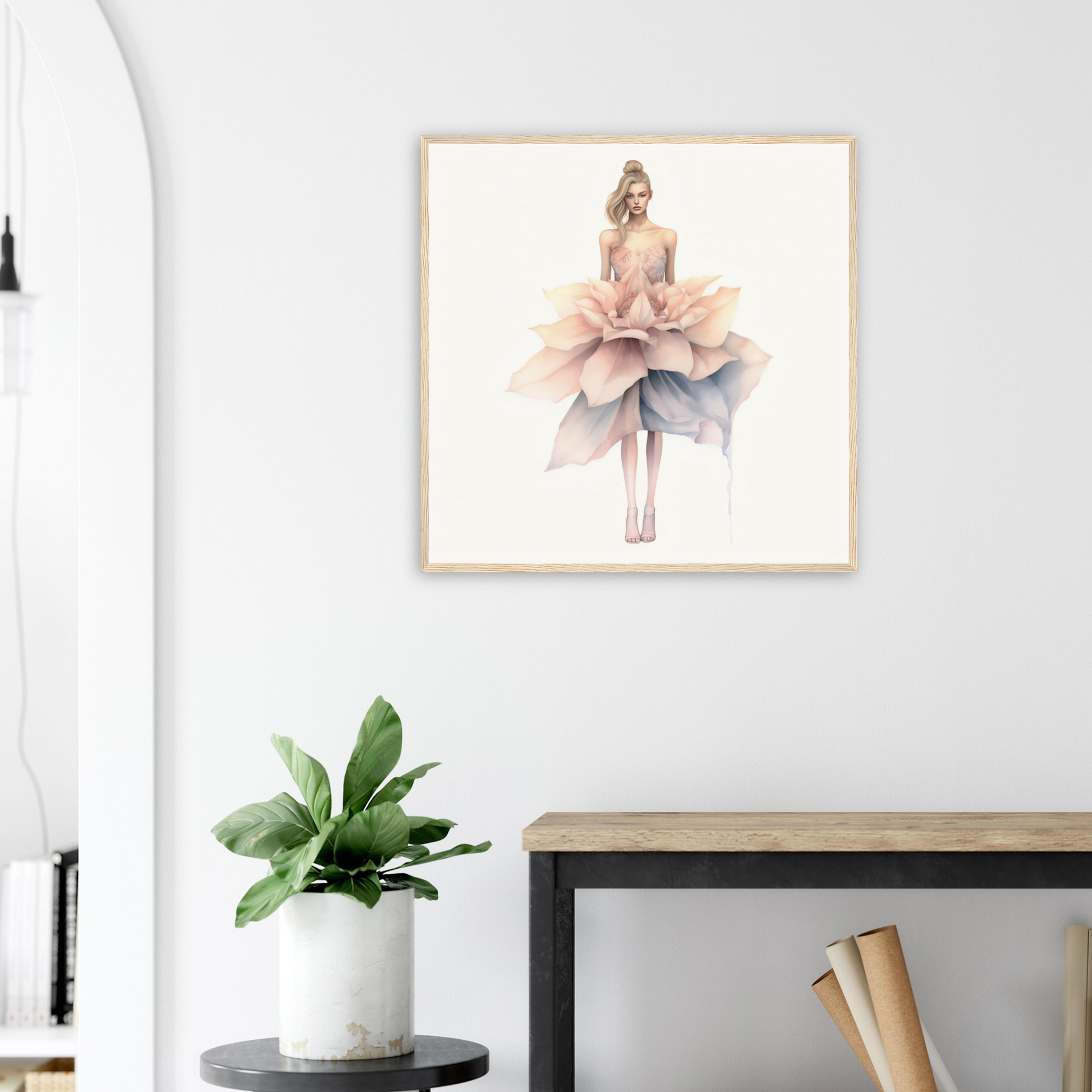 A framed print of a ballerina dancer in pink and blue