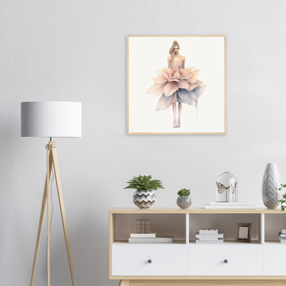 A framed print of a ballerina dancer in pink and blue