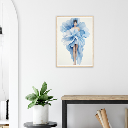 A framed print of a blue flower on a white wall