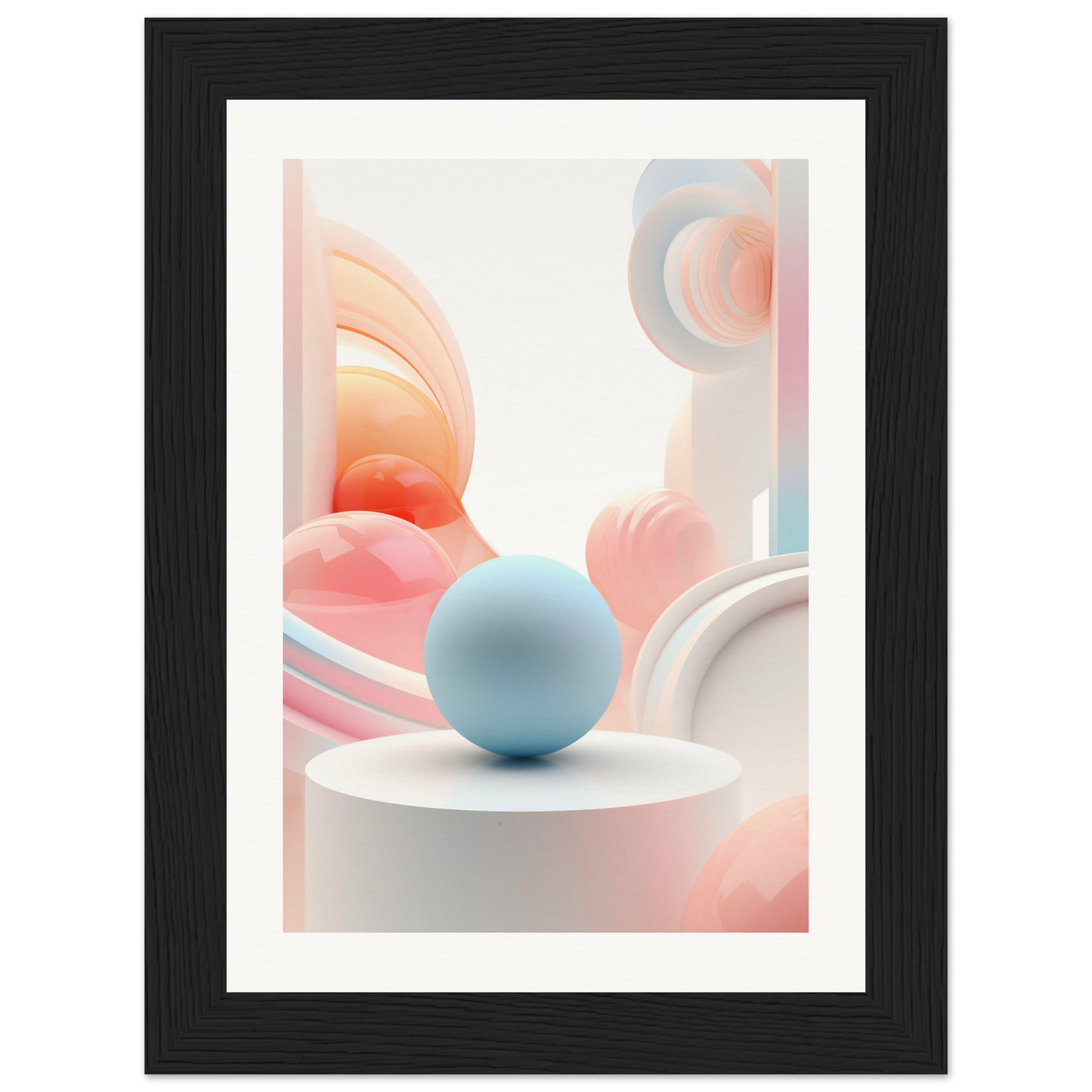 A framed print with a blue sphere on top of a white table