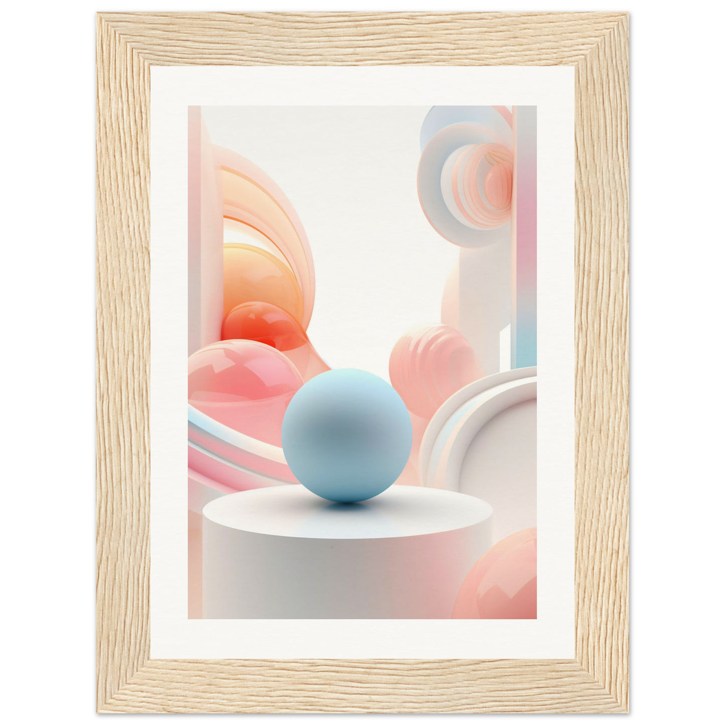 A framed print with a blue sphere on top of a white table