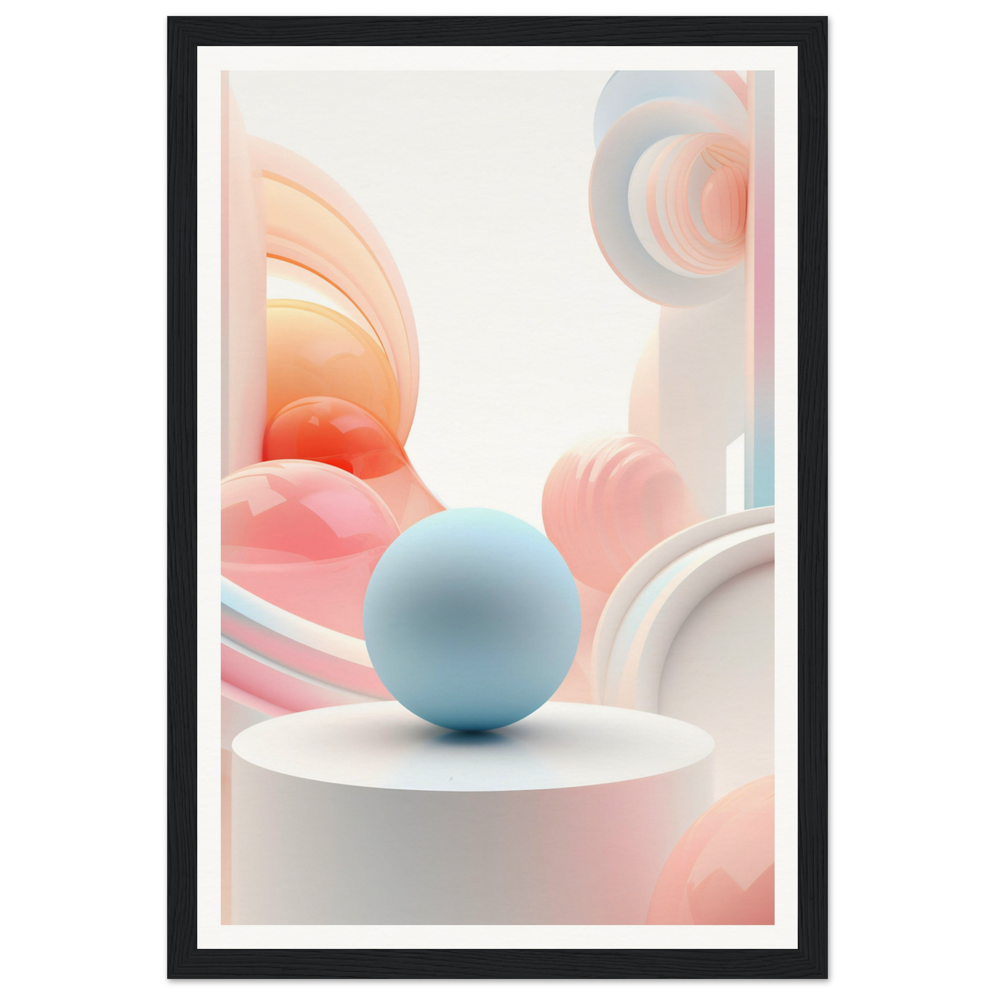 A framed print with a blue sphere on top of a white pedestal