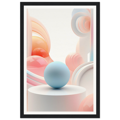 A framed print with a blue sphere on top of a white pedestal