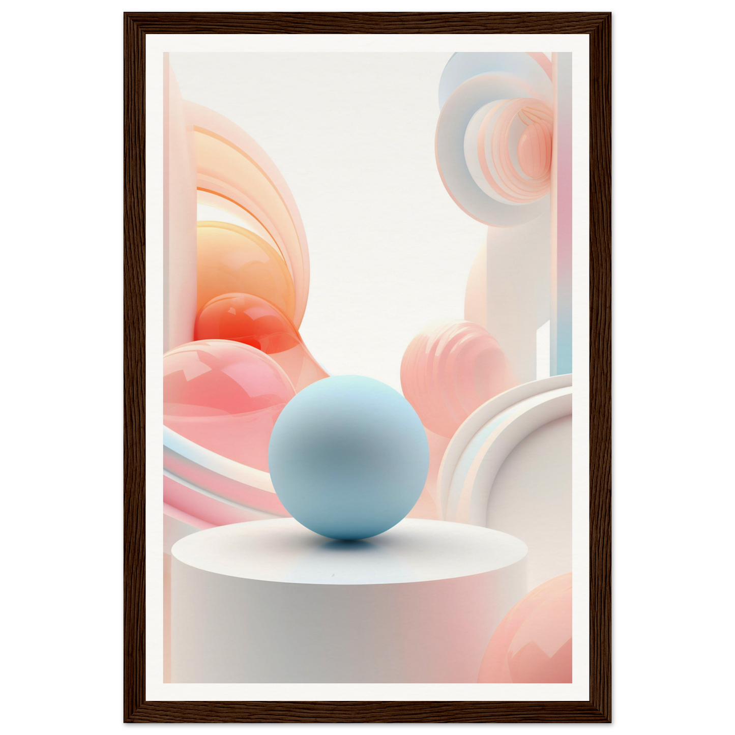 A framed print with a blue sphere on top of a white pedestal