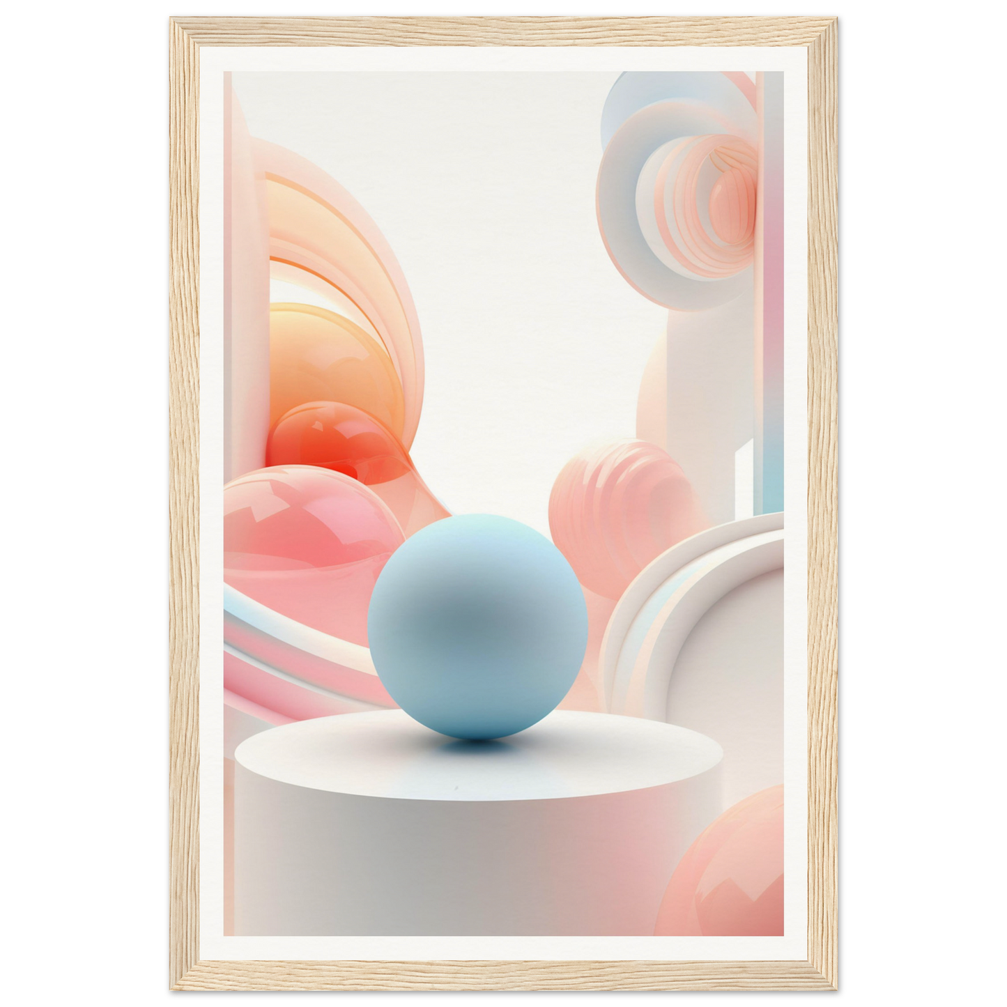 A framed print with a blue sphere on top of a white pedestal