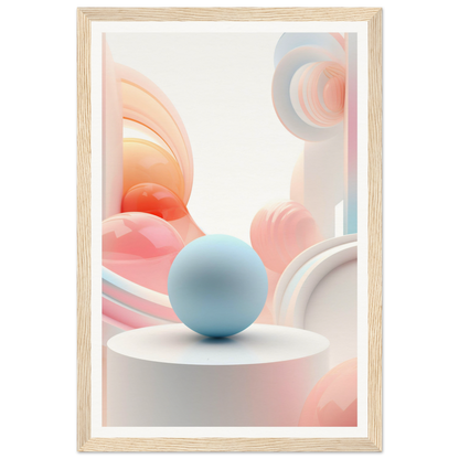 A framed print with a blue sphere on top of a white pedestal