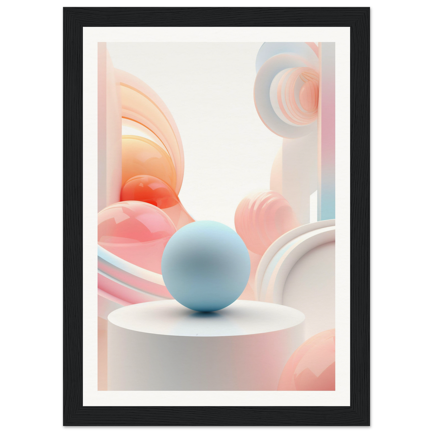 A framed print with a blue sphere on top of a white pedestal