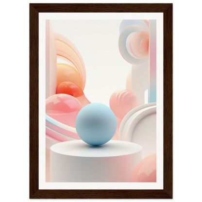 A framed print with a blue sphere on top of a white table