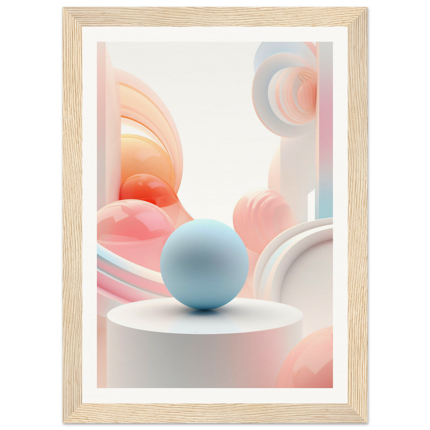 A framed print with a blue sphere on top of a white table