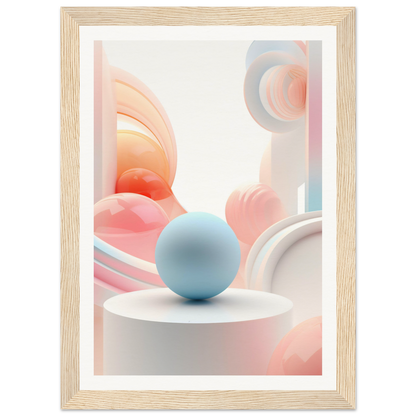 A framed print with a blue sphere on top of a white table