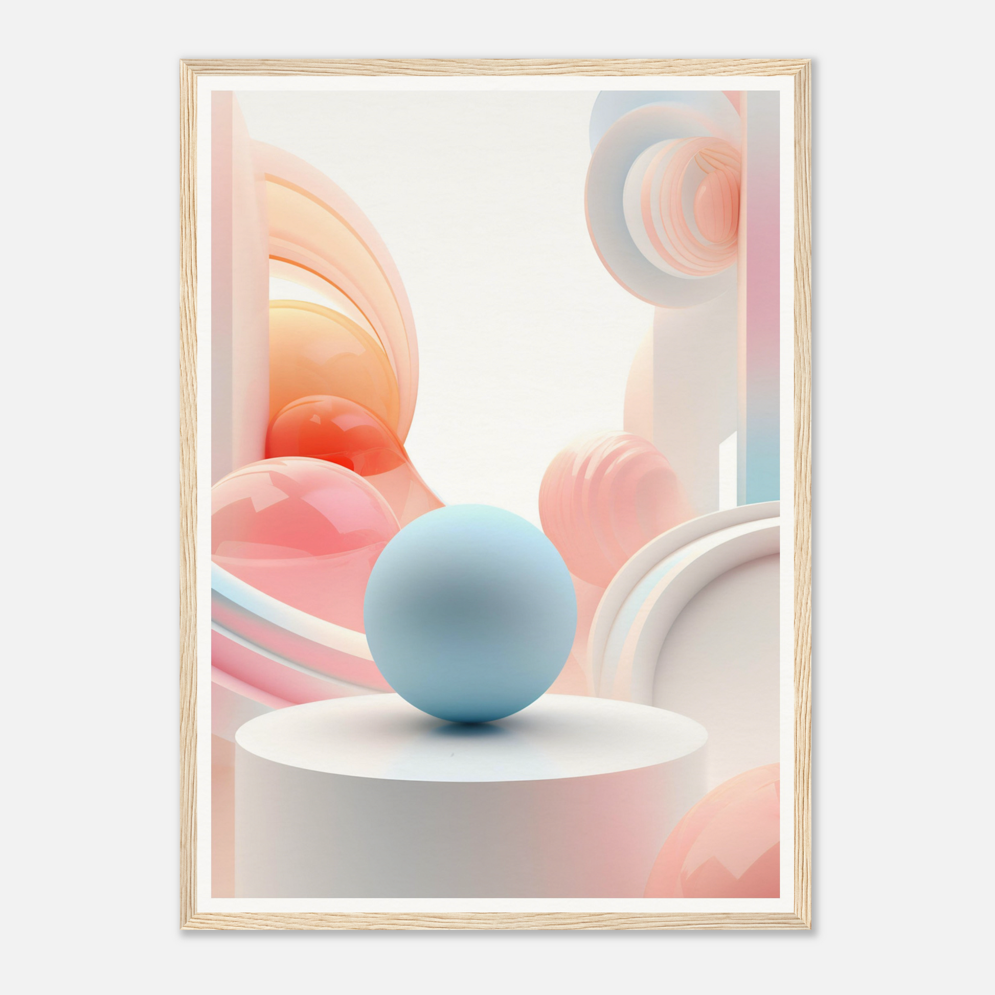 A framed print with a blue sphere on top of a white table