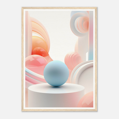 A framed print with a blue sphere on top of a white table