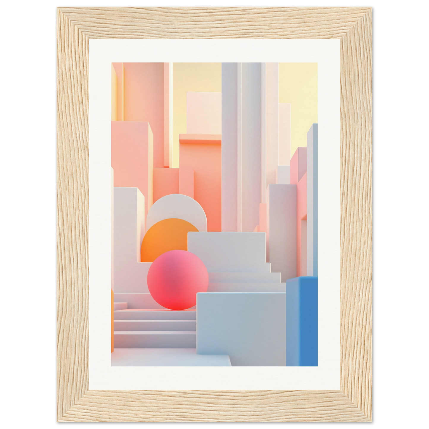 A framed print of a cityscape with a pink sphere