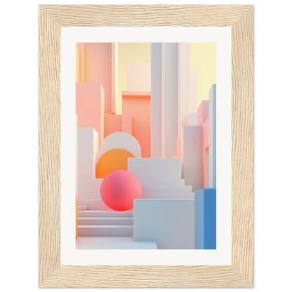 A framed print of a cityscape with a pink sphere