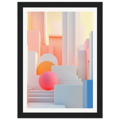 A framed print of a cityscape with a pink ball in the middle