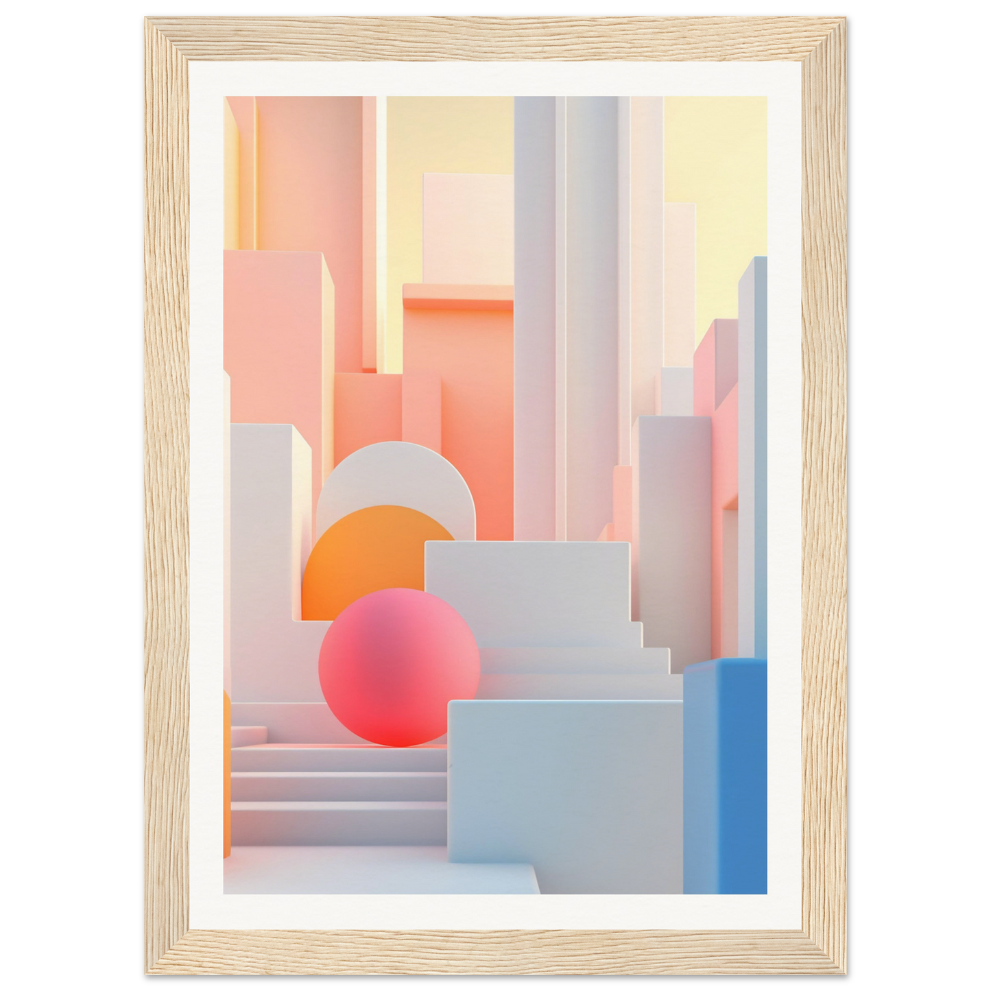 A framed print of a cityscape with a pink sphere