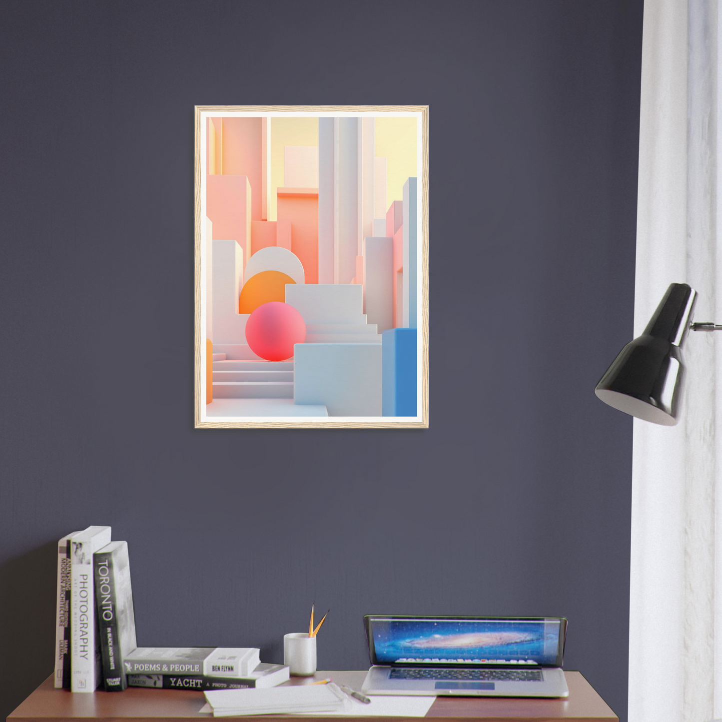 A framed print of a colorful abstract painting on a wall