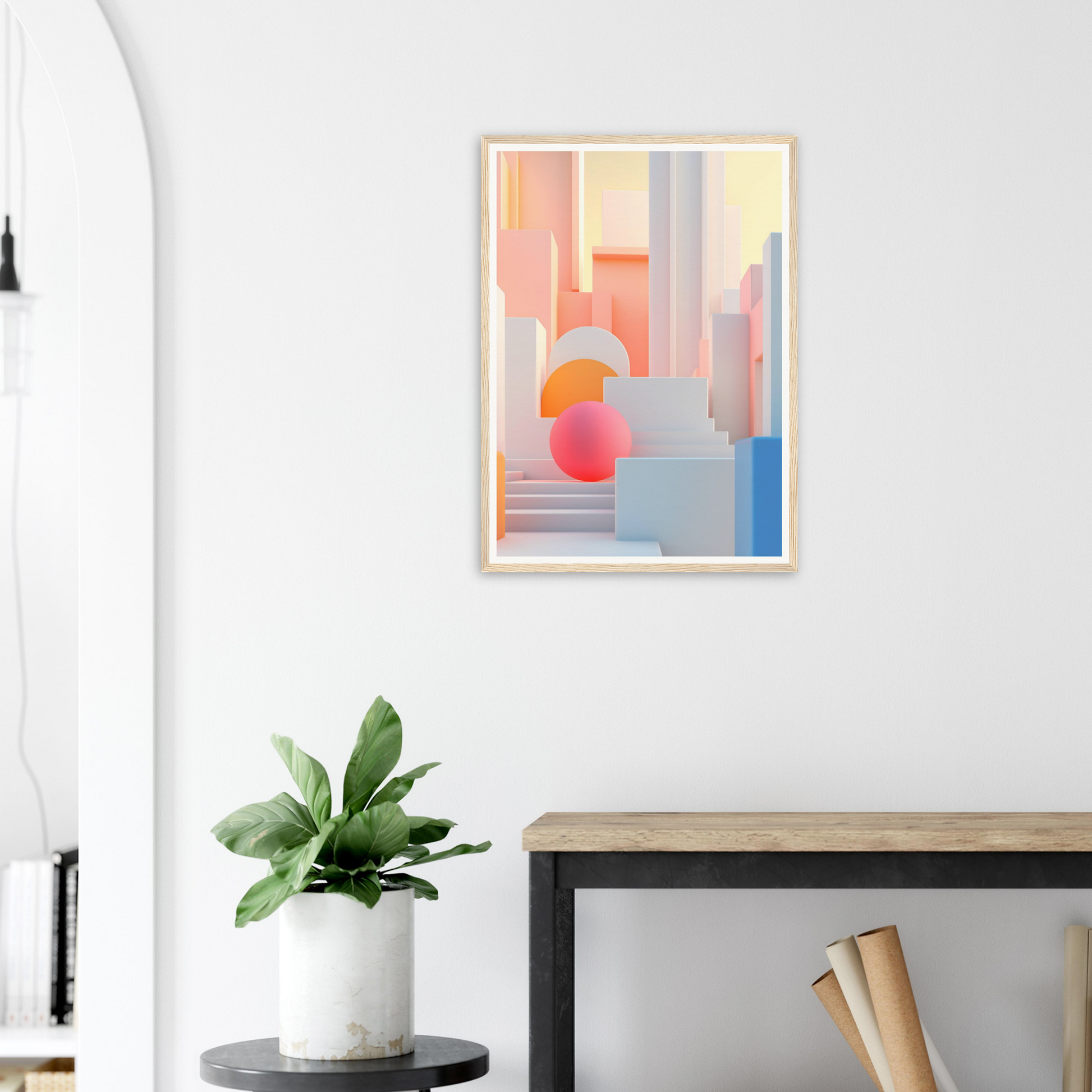 A framed print of a colorful abstract painting on a white wall