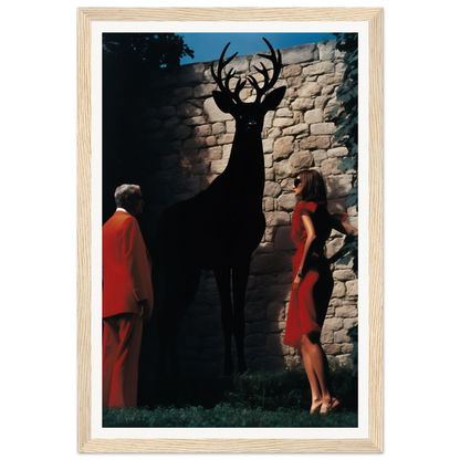 A framed print of a deer and two women