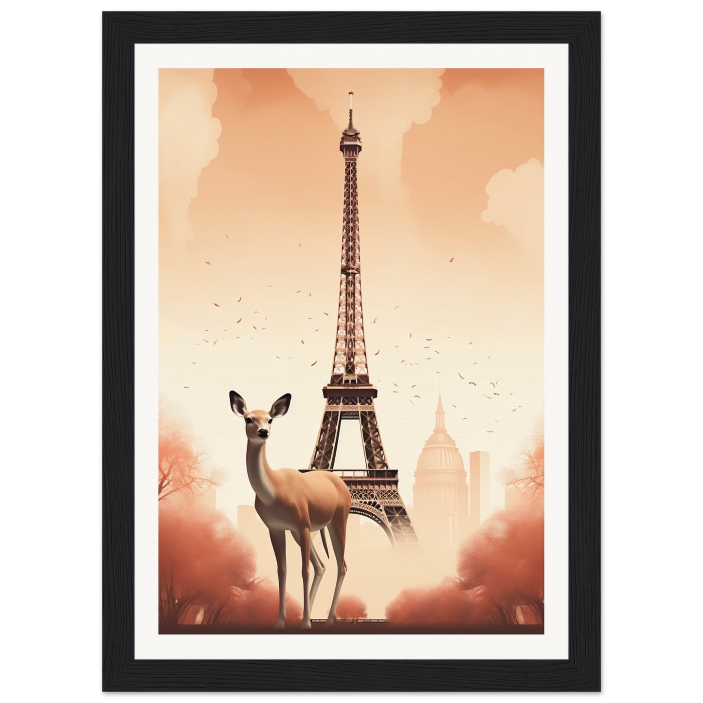 A framed print of a dog standing in front of the eiff tower