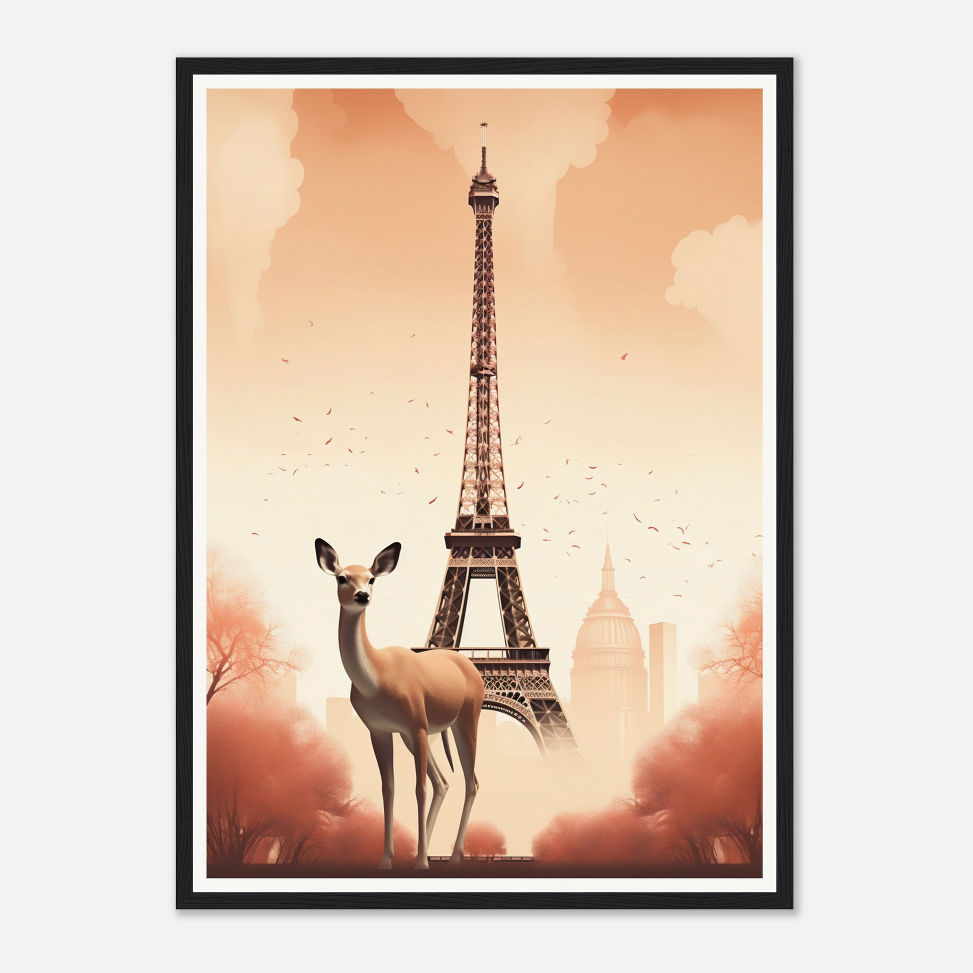 A framed print of a dog standing in front of the eiff tower