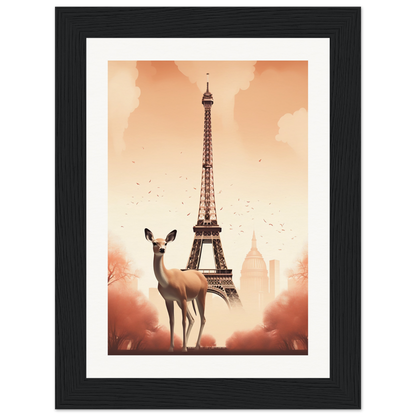 A framed print of the eiff tower and a deer