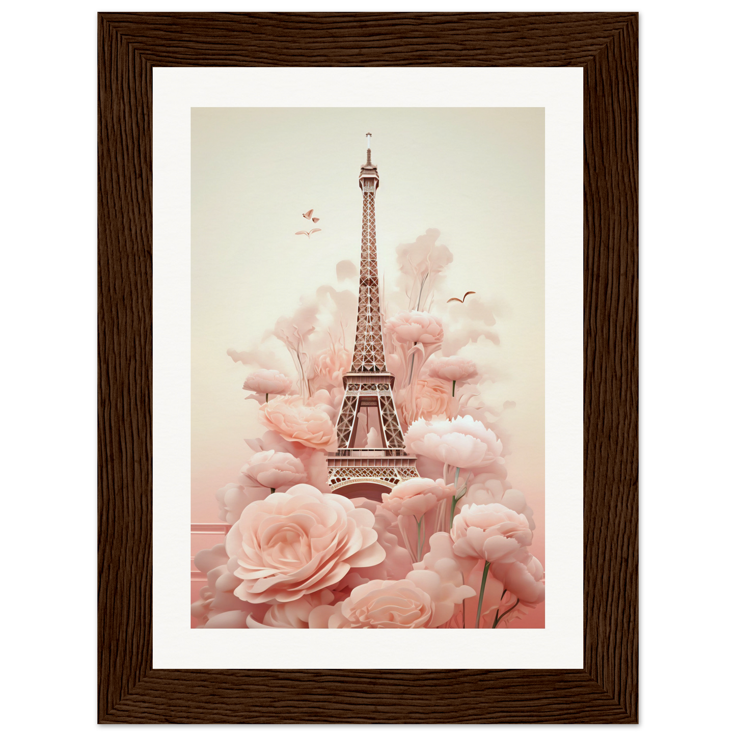 A framed print of the eiff tower surrounded by pink flowers