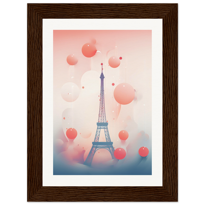 A framed print of the eiff tower in paris with balloons floating in the air