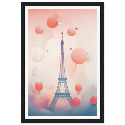 A framed print of the eiff tower with balloons