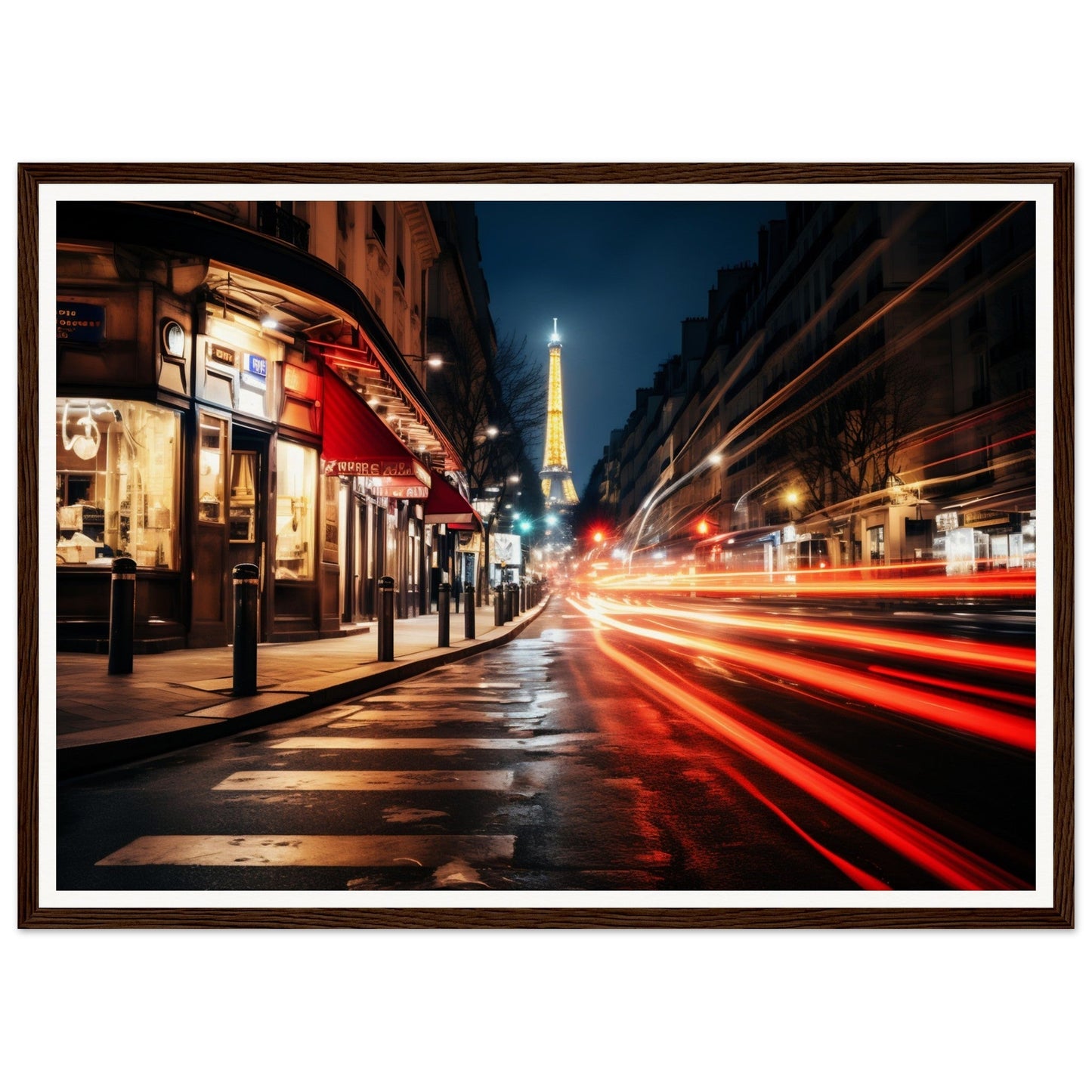 A framed print of the eiff tower in paris at night