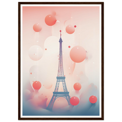 A framed print of the eiff tower with balloons