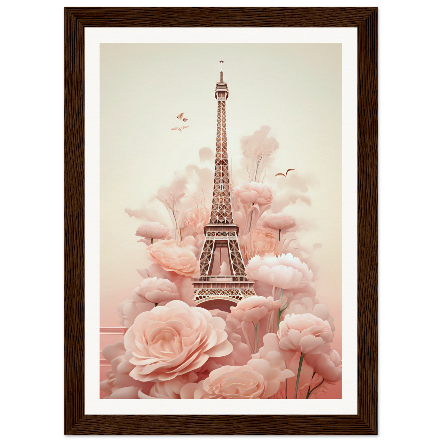 A framed print of the eiff tower surrounded by pink flowers