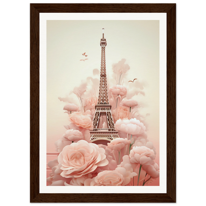 A framed print of the eiff tower surrounded by pink flowers