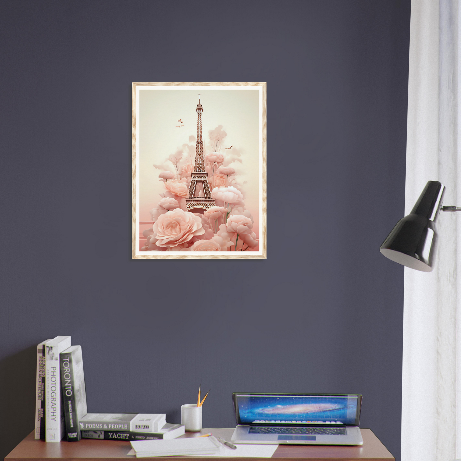 A framed print of the eiff tower in paris, france