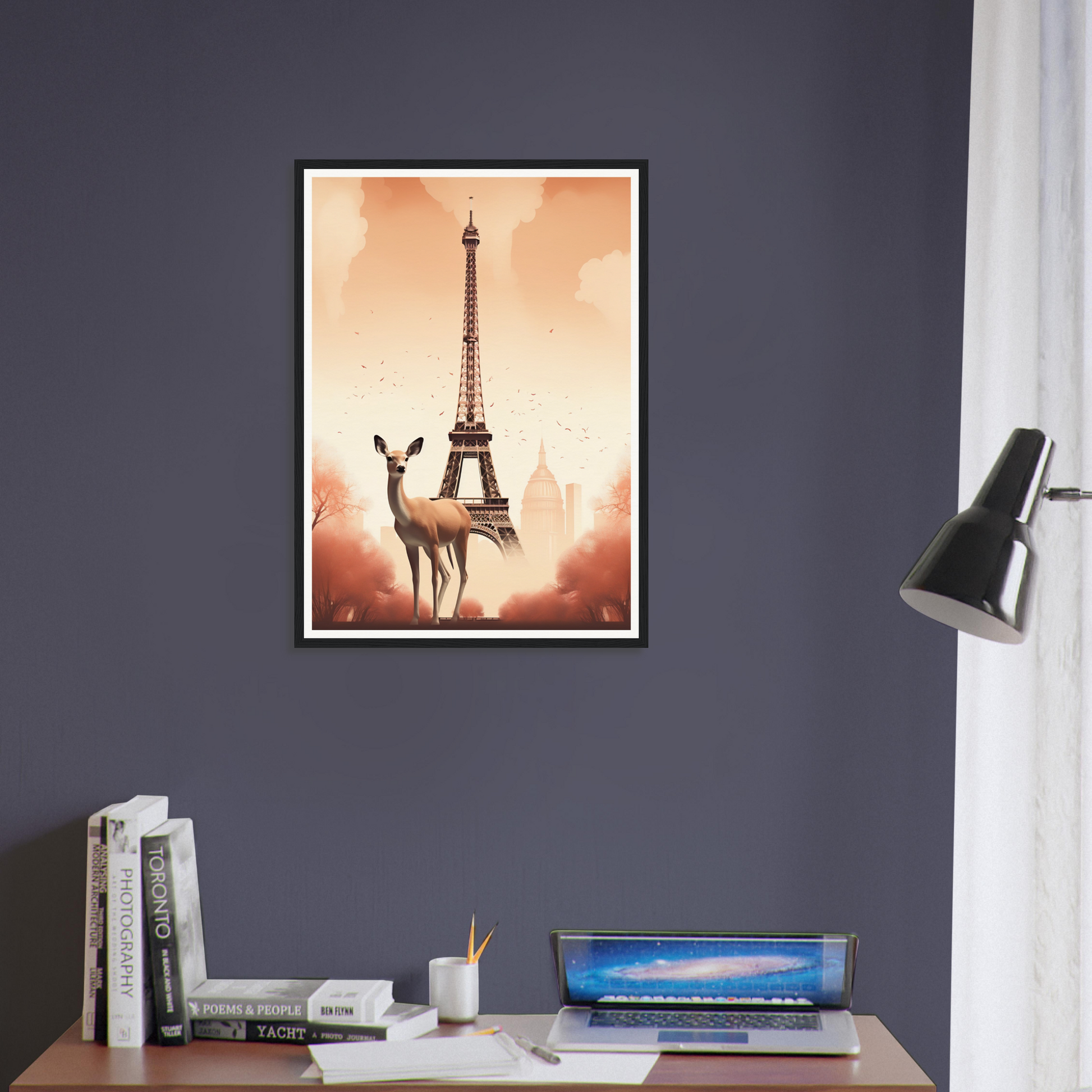 A framed print of the eiff tower in paris, france