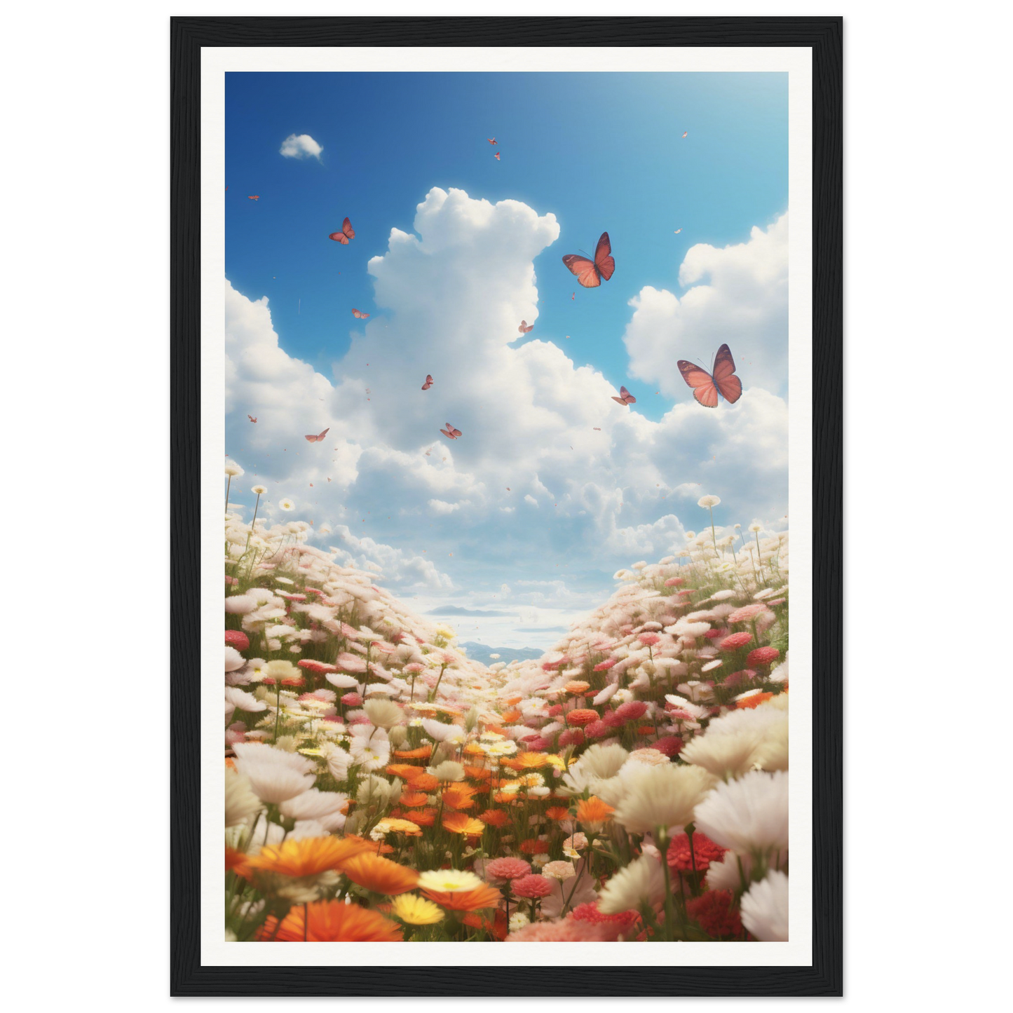 A framed print of a field of flowers with butterflies flying overhead