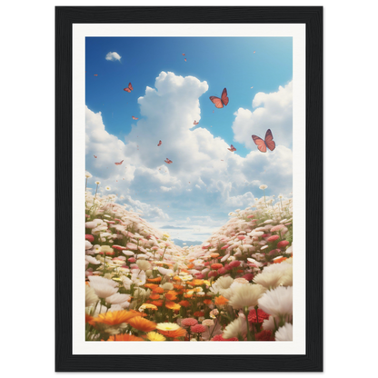 A framed print of a field of flowers with butterflies flying overhead