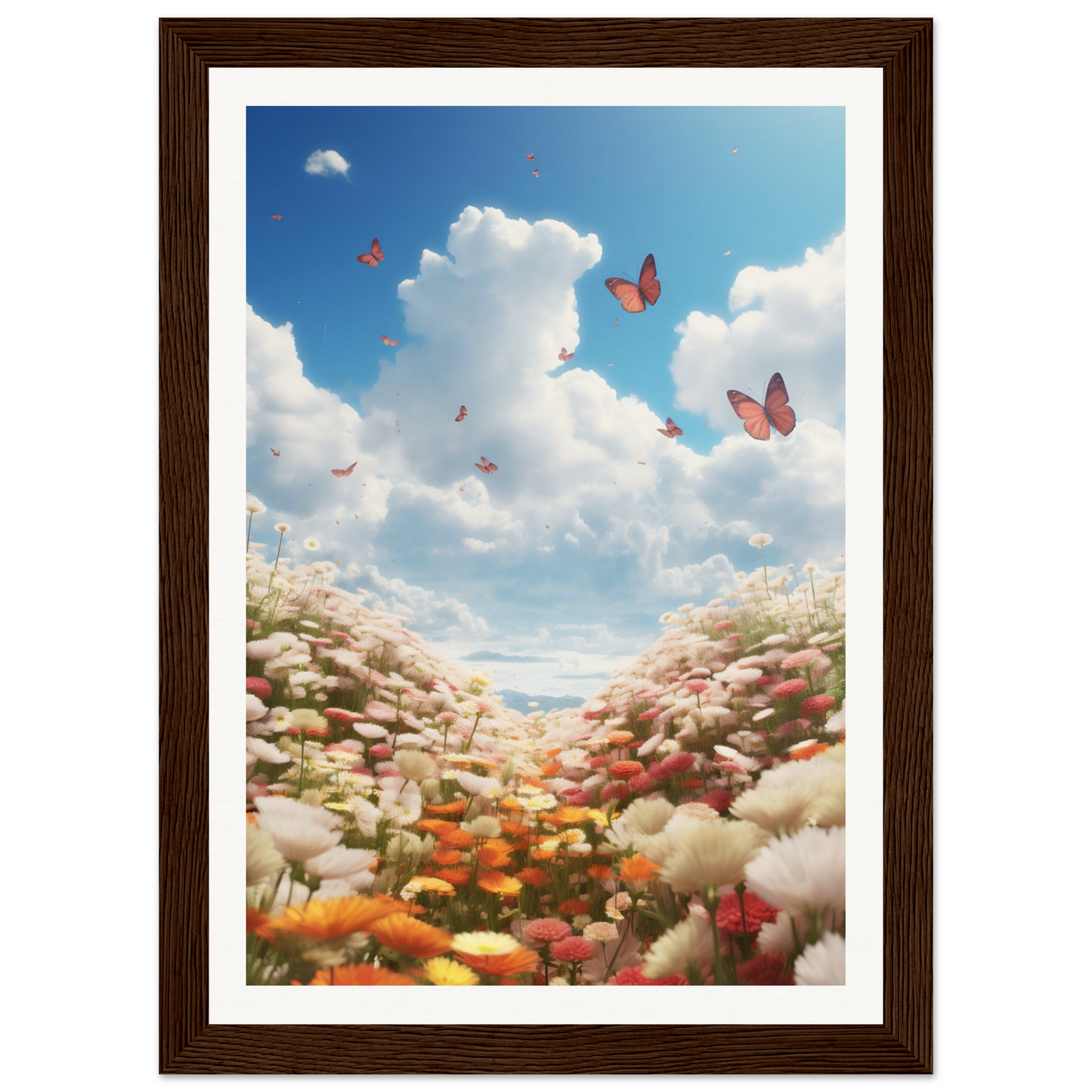 A framed print of a field of flowers with butterflies flying overhead