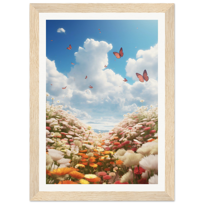 A framed print of a field of flowers with butterflies flying overhead