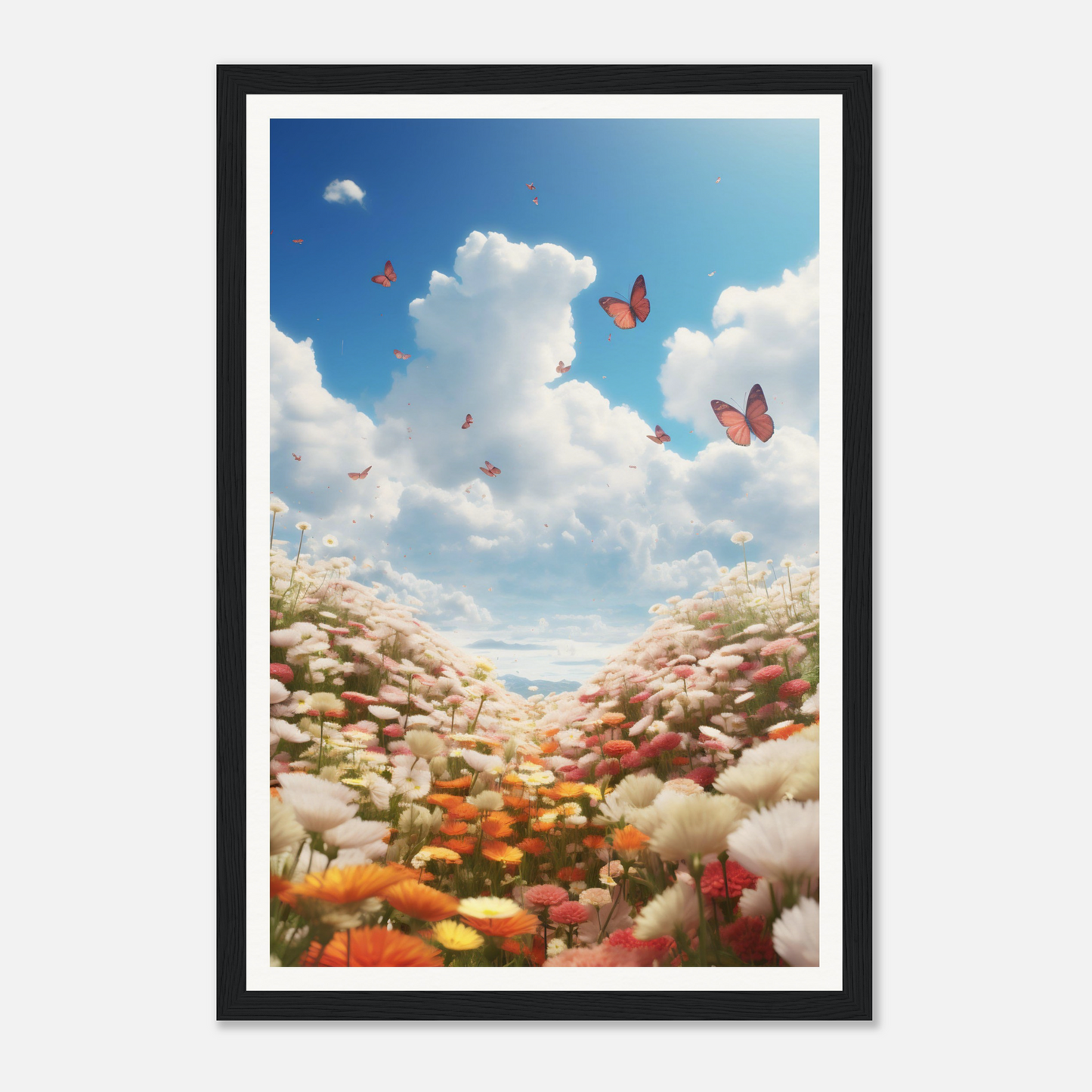 A framed print of a field of flowers with butterflies flying overhead