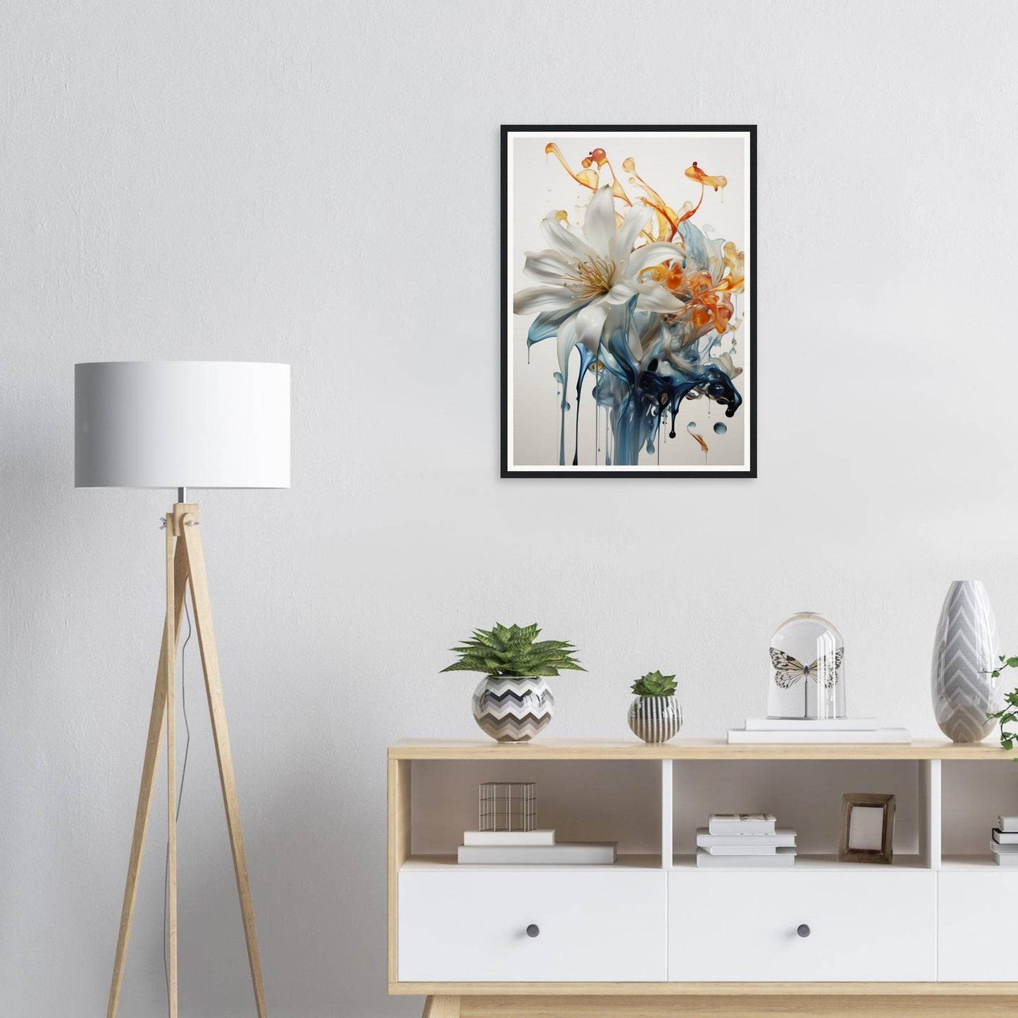 A framed print of a flower in a living room