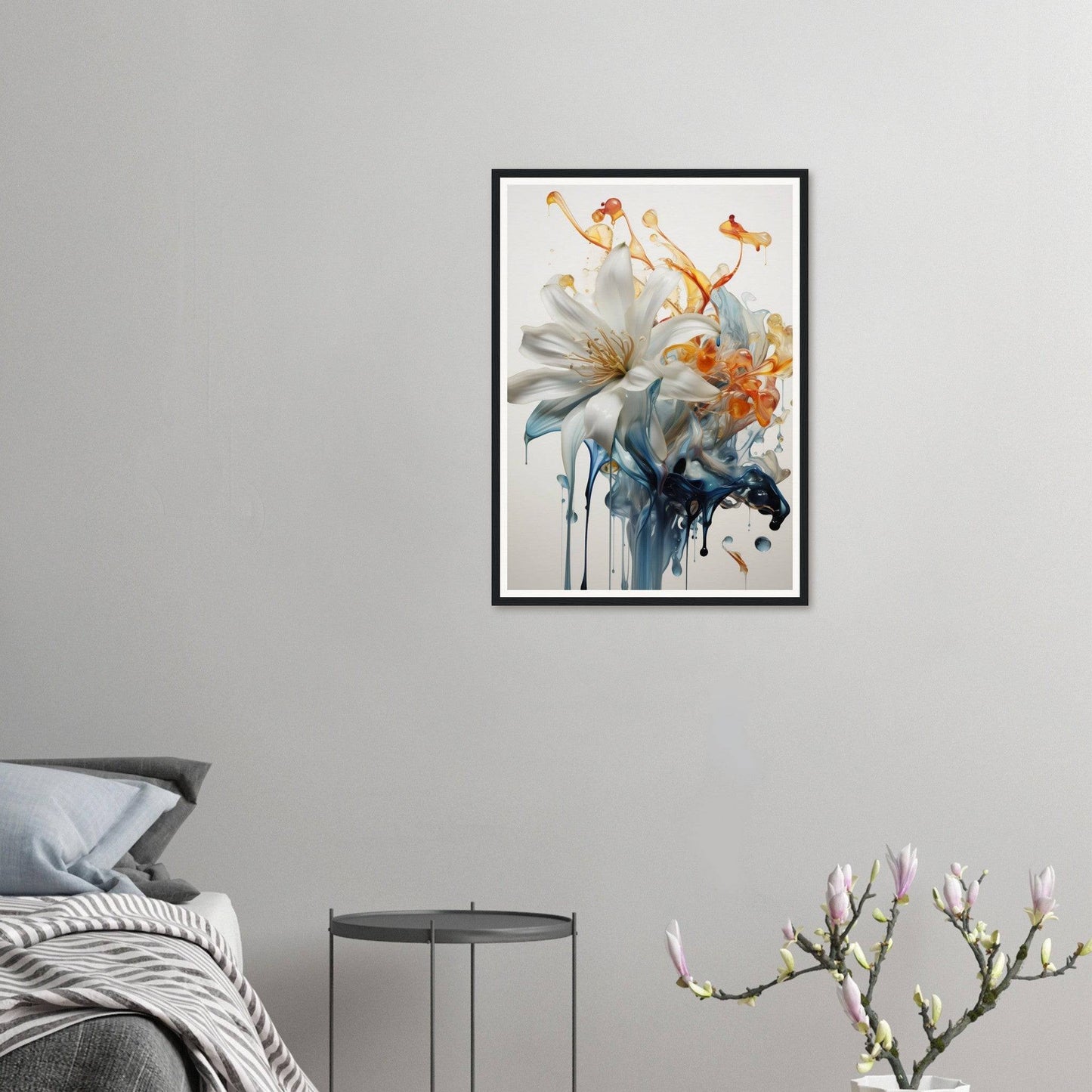 A framed print of a flower in a room