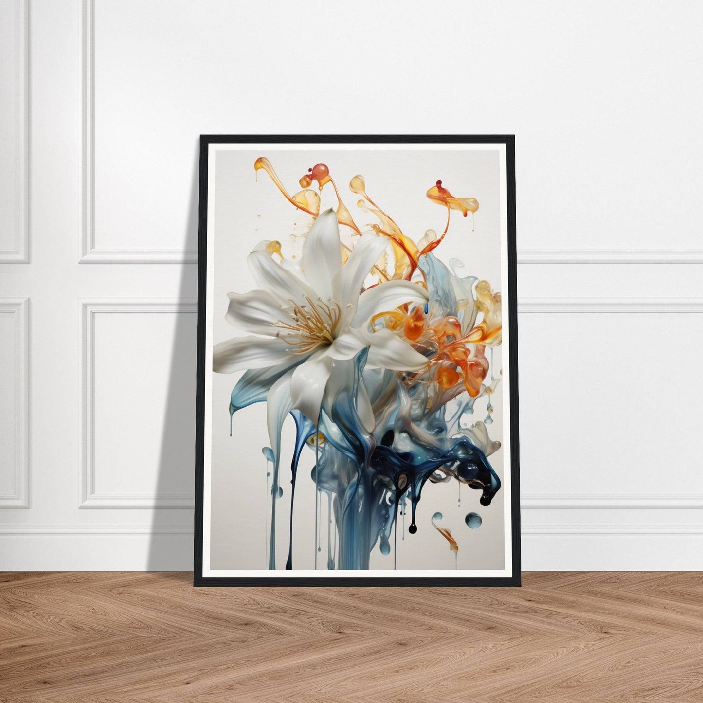 A framed print of a flower with a splash of paint