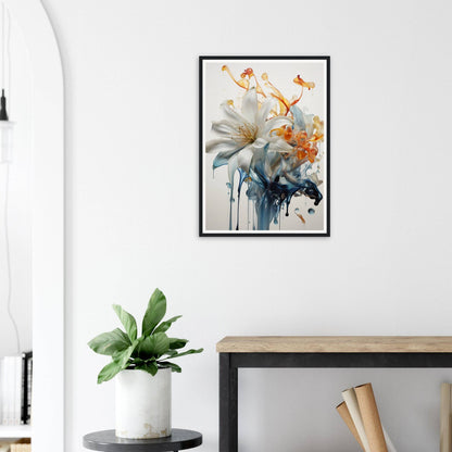 A framed print of a flower on a wall