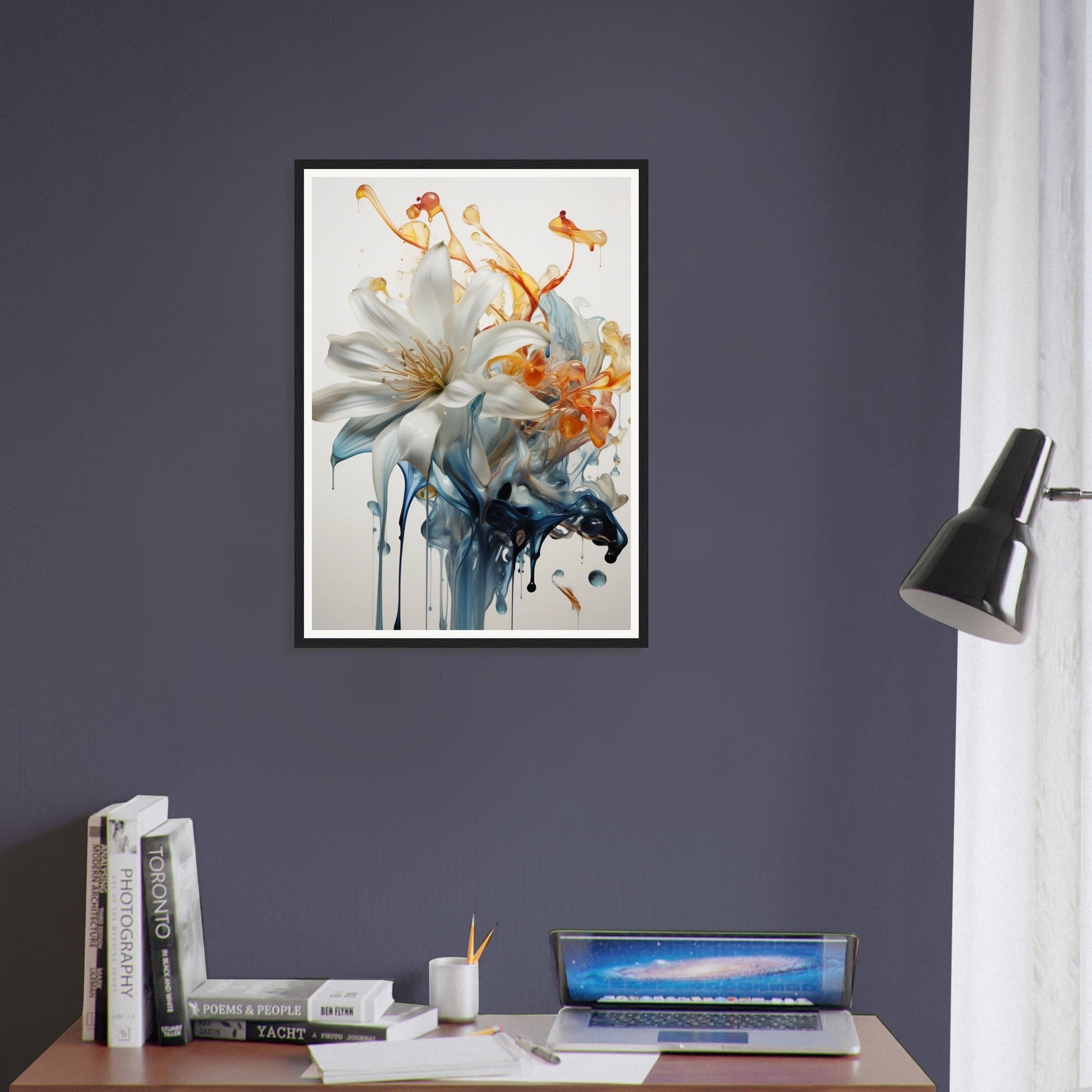 A framed print of a flower on a wall